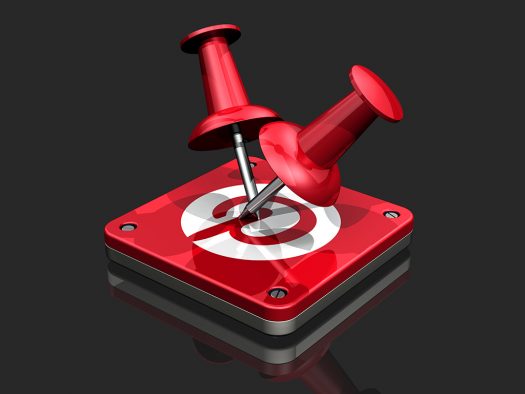 3d illustration of two large red push pins stuck to a metallic Pinterest app icon